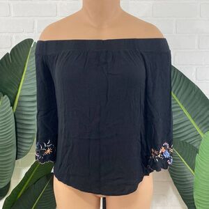 Stella Tweed Off The Shoulder Top With Floral Embroidery
